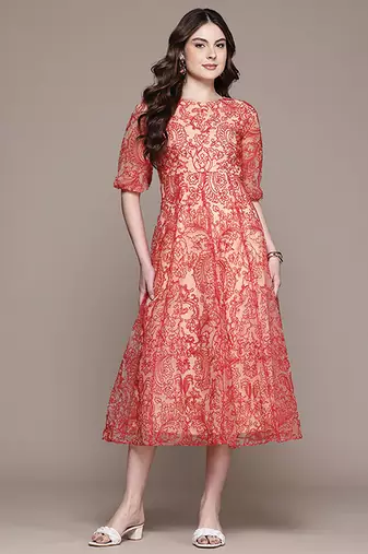 Red printed tulle dress