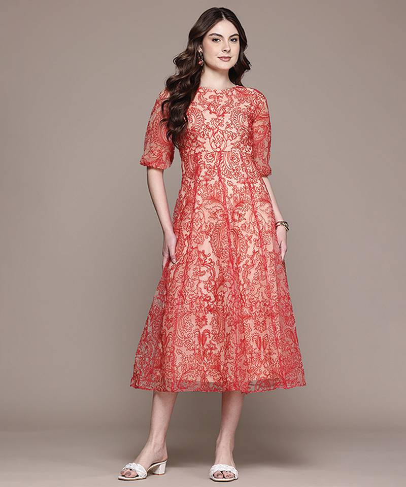 Red printed tulle dress