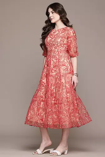 Red printed tulle dress