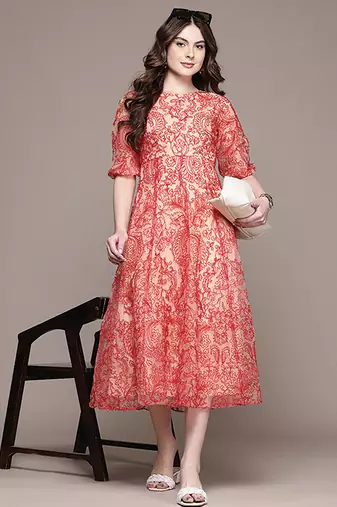 Red printed tulle dress