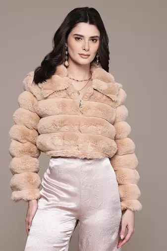 Beige faux fur crop jacket