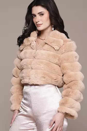 Beige faux fur crop jacket