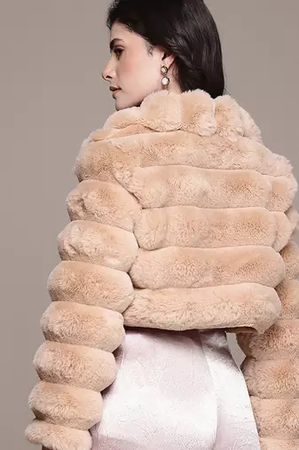 Beige faux fur crop jacket