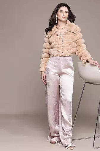 Beige faux fur crop jacket