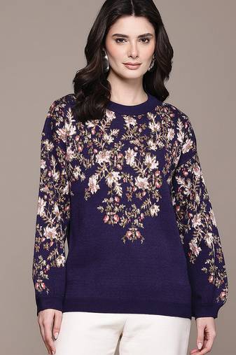 Navy blue printed nylon sweater