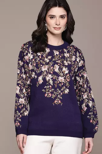 Navy blue printed nylon sweater