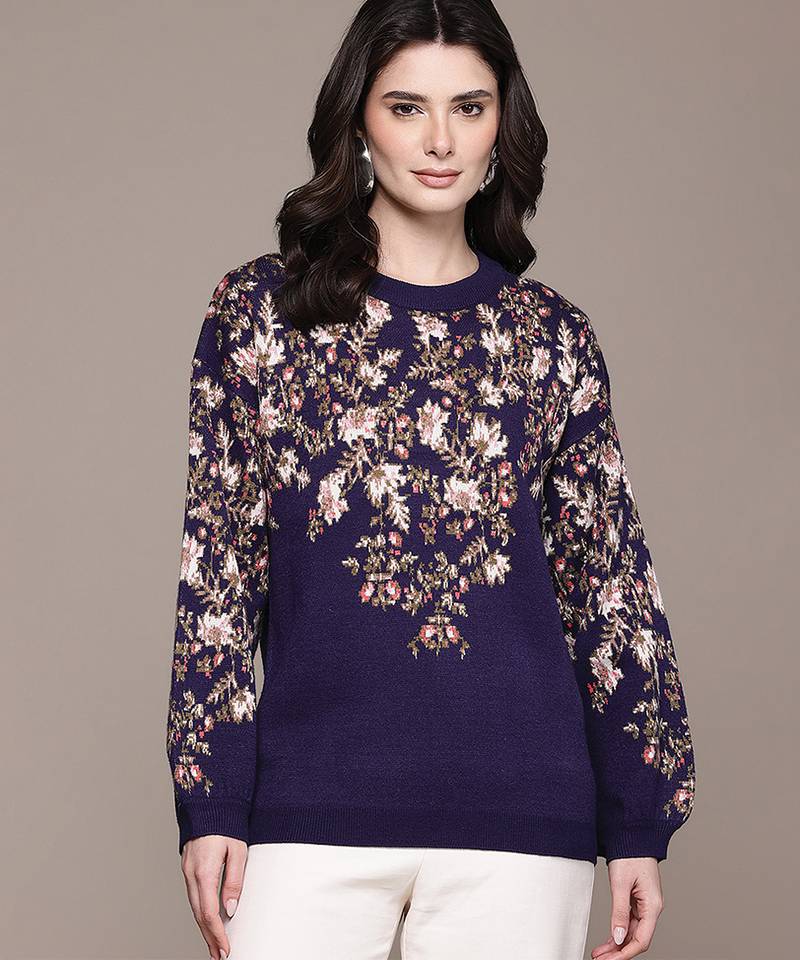 Navy blue printed nylon sweater