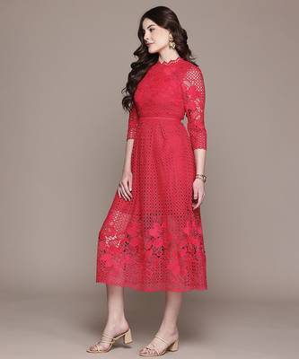Red embroidered Viscose dress 2