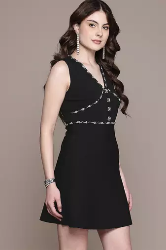 Black embellished nylon short dress