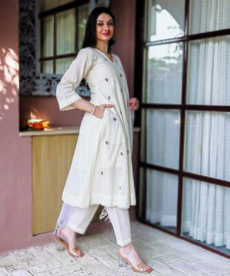 off white cotton straight suit set with subtle embroidery 5