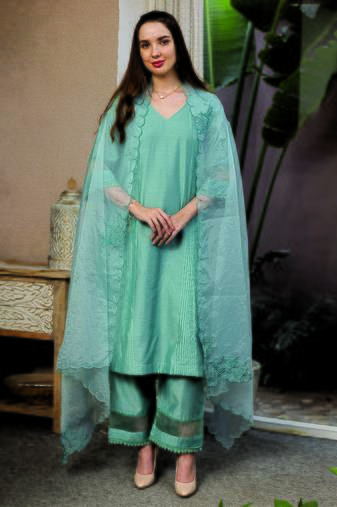 Mint Green embroidered chanderi straight suit set