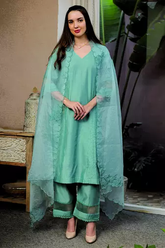 Mint Green embroidered chanderi straight suit set