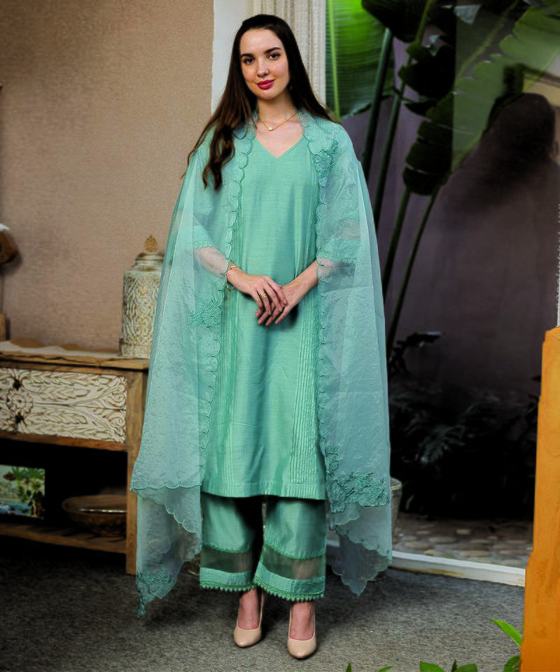 Mint Green embroidered chanderi straight suit set