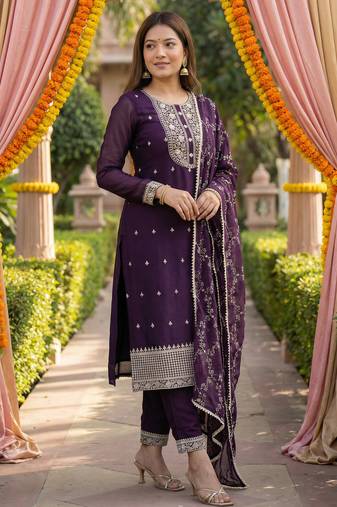 Kedarfab women's georgette embroidered sequins kurta pant with dupatta set