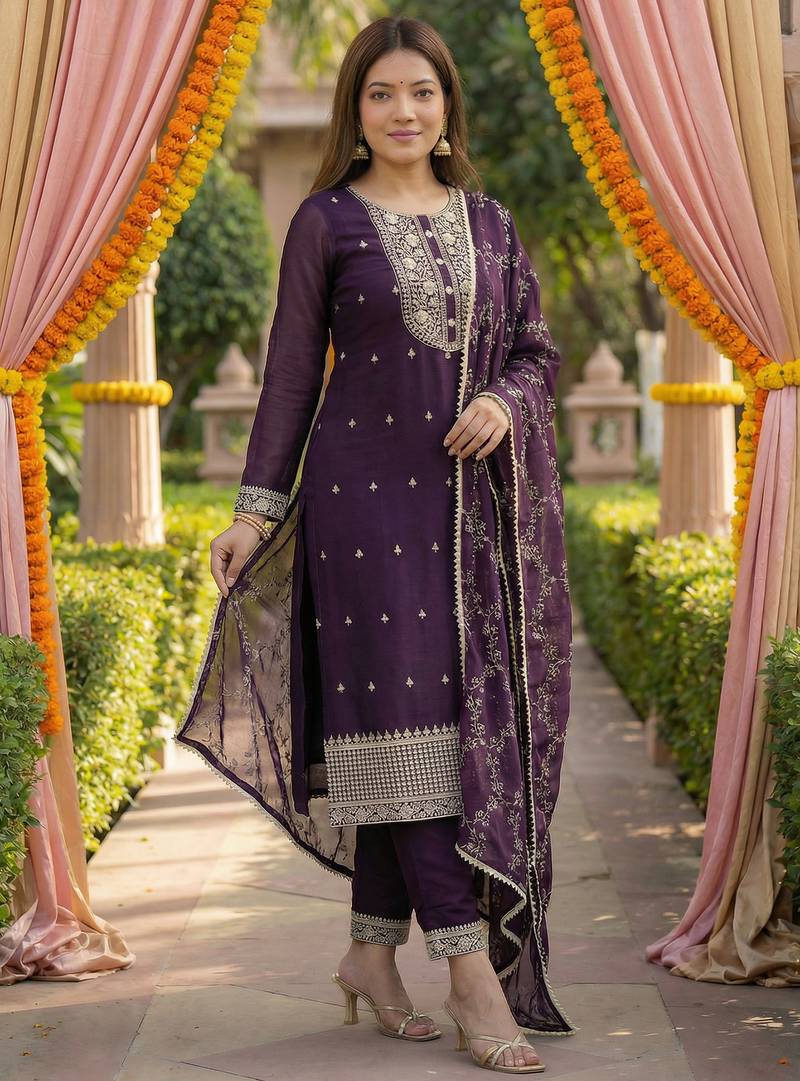 Kedarfab women's georgette embroidered sequins kurta pant with dupatta set