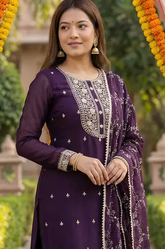 Kedarfab women's georgette embroidered sequins kurta pant with dupatta set