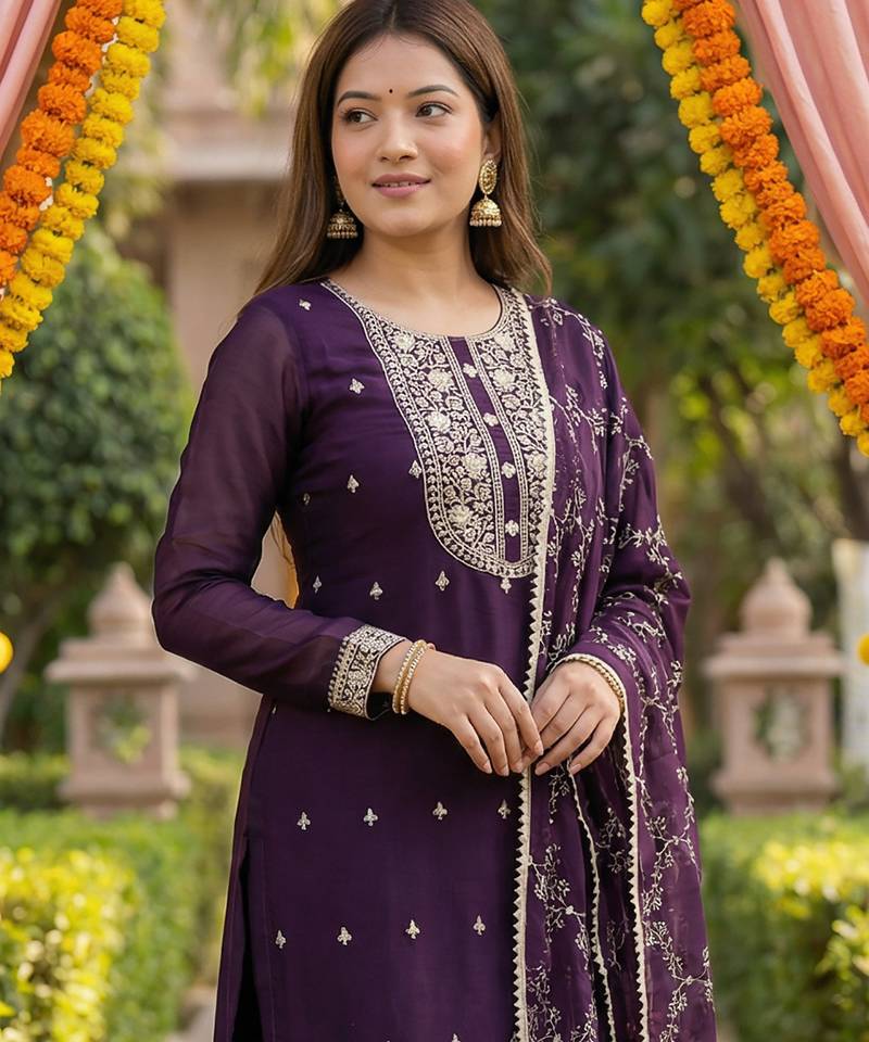 Kedarfab women's georgette embroidered sequins kurta pant with dupatta set