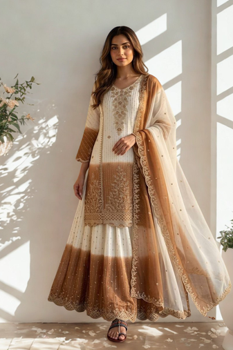 White/Brown Heavy Dual Tone Star Georgette With Embroidery Thread Work 3pc