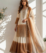 White/Brown Heavy Dual Tone Star Georgette With Embroidery Thread Work 3pc