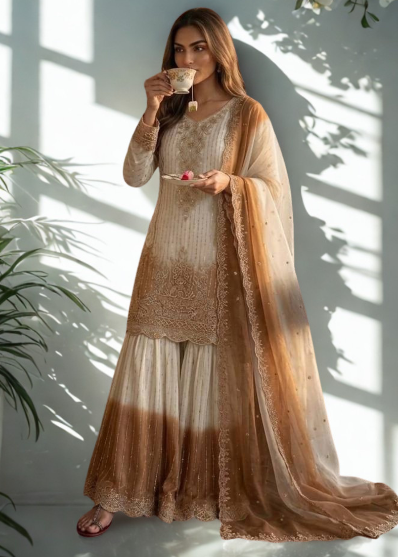 White/Brown Heavy Dual Tone Star Georgette With Embroidery Thread Work 3pc