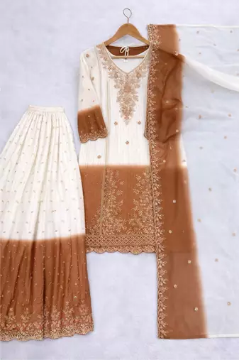 White/Brown Heavy Dual Tone Star Georgette With Embroidery Thread Work 3pc