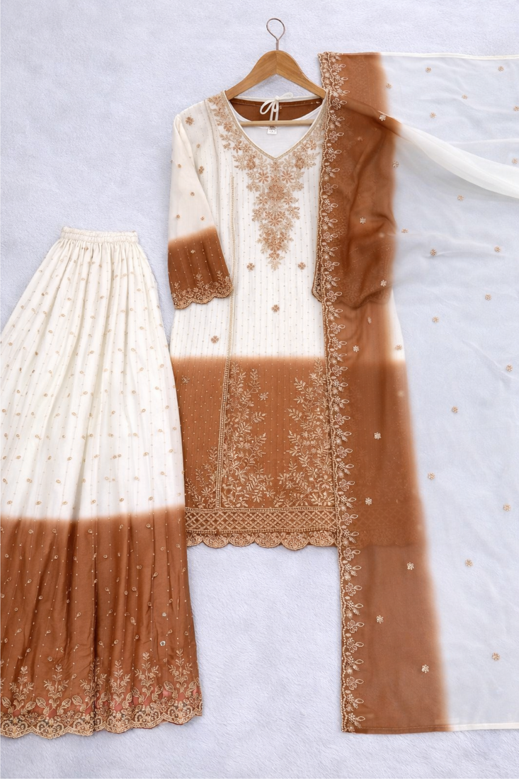 White/Brown Heavy Dual Tone Star Georgette With Embroidery Thread Work 3pc