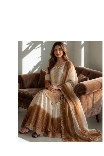 White/Brown Heavy Dual Tone Star Georgette With Embroidery Thread Work 3pc 5