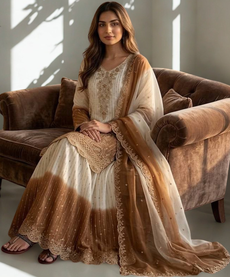 White/Brown Heavy Dual Tone Star Georgette With Embroidery Thread Work 3pc