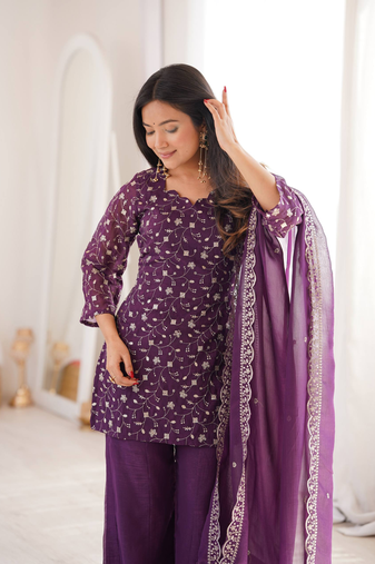 Purple Sleeveless Silk Heavy Embroidery Sequence Work  Kurta Pant and Dupatta 3pc set