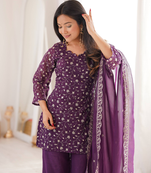 Purple Sleeveless Silk Heavy Embroidery Sequence Work  Kurta Pant and Dupatta 3pc set