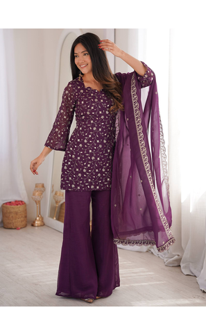Purple Sleeveless Silk Heavy Embroidery Sequence Work  Kurta Pant and Dupatta 3pc set 2