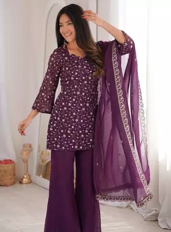 Purple Sleeveless Silk Heavy Embroidery Sequence Work  Kurta Pant and Dupatta 3pc set