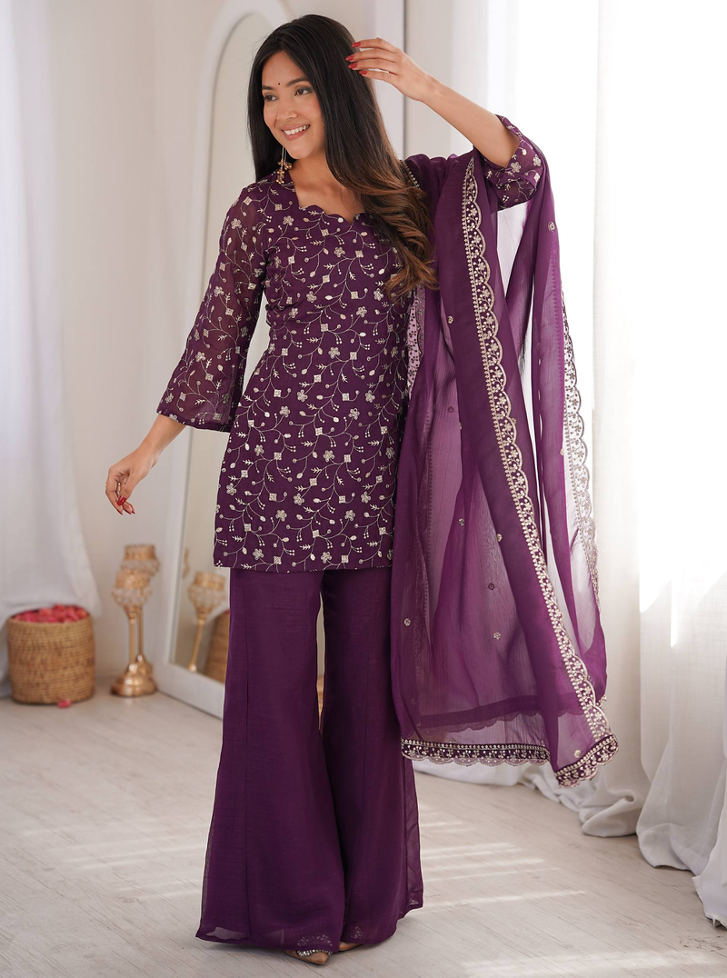 Purple Sleeveless Silk Heavy Embroidery Sequence Work  Kurta Pant and Dupatta 3pc set
