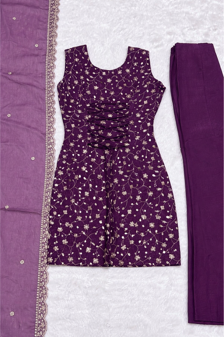 Purple Sleeveless Silk Heavy Embroidery Sequence Work  Kurta Pant and Dupatta 3pc set