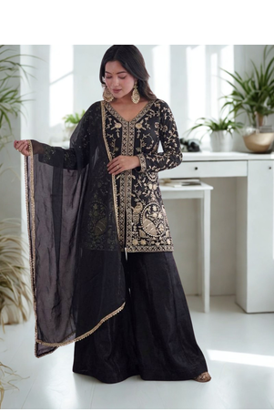 Black Silk Sequence Work Kurta Sharara and Dupatta 3pc Set 1
