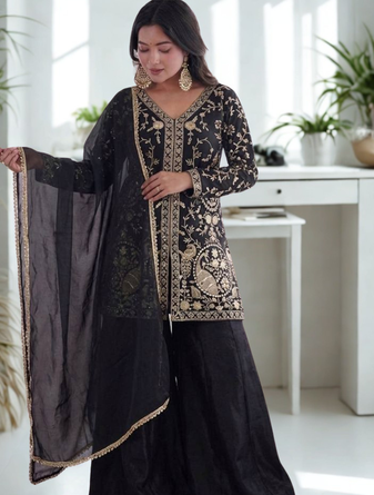Black Silk Sequence Work Kurta Sharara and Dupatta 3pc Set