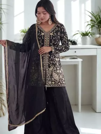 Black Silk Sequence Work Kurta Sharara and Dupatta 3pc Set