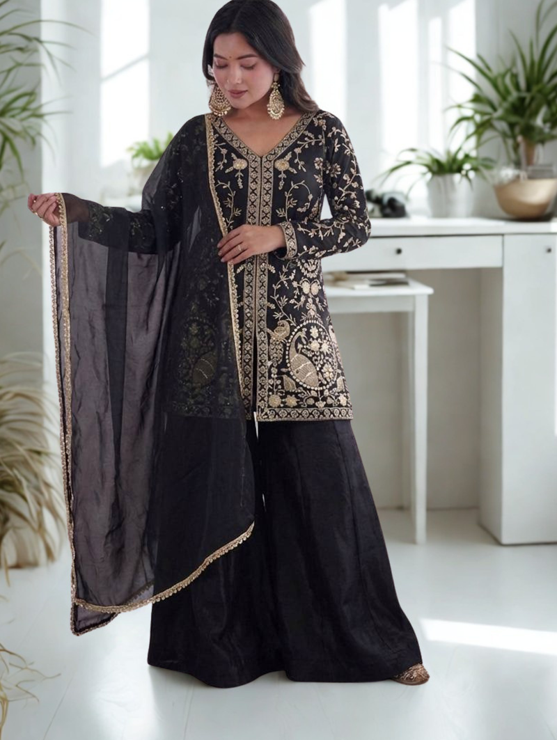 Black Silk Sequence Work Kurta Sharara and Dupatta 3pc Set