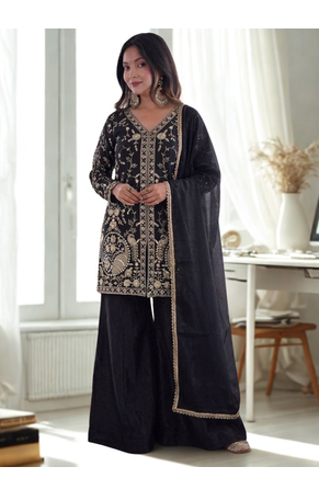 Black Silk Sequence Work Kurta Sharara and Dupatta 3pc Set 2