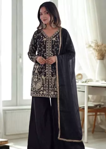 Black Silk Sequence Work Kurta Sharara and Dupatta 3pc Set