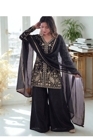Black Silk Sequence Work Kurta Sharara and Dupatta 3pc Set 3