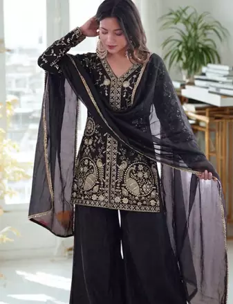 Black Silk Sequence Work Kurta Sharara and Dupatta 3pc Set