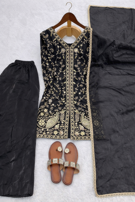 Black Silk Sequence Work Kurta Sharara and Dupatta 3pc Set 4
