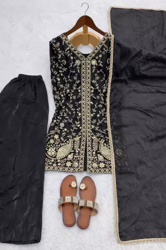 Black Silk Sequence Work Kurta Sharara and Dupatta 3pc Set