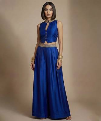 Royal blue embroidered raw silk co ord set 1