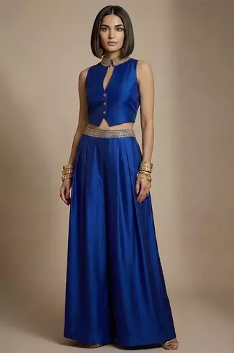 Royal blue embroidered raw silk co ord set