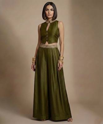 Olive green embroidered raw silk co ord set 1