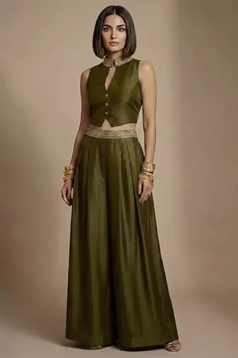 Olive green embroidered raw silk co ord set