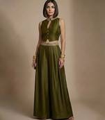 Olive green embroidered raw silk co ord set