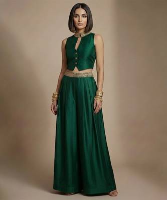Emerald green embroidered raw silk co ord set 1